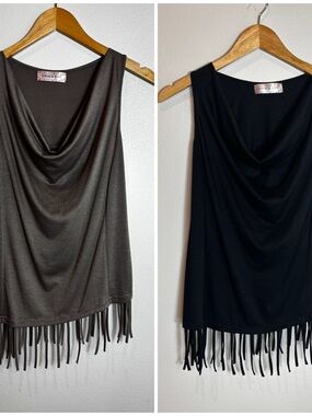 Sophie & Kate Fringe Drape Neck Tank Top - Black & Taupe